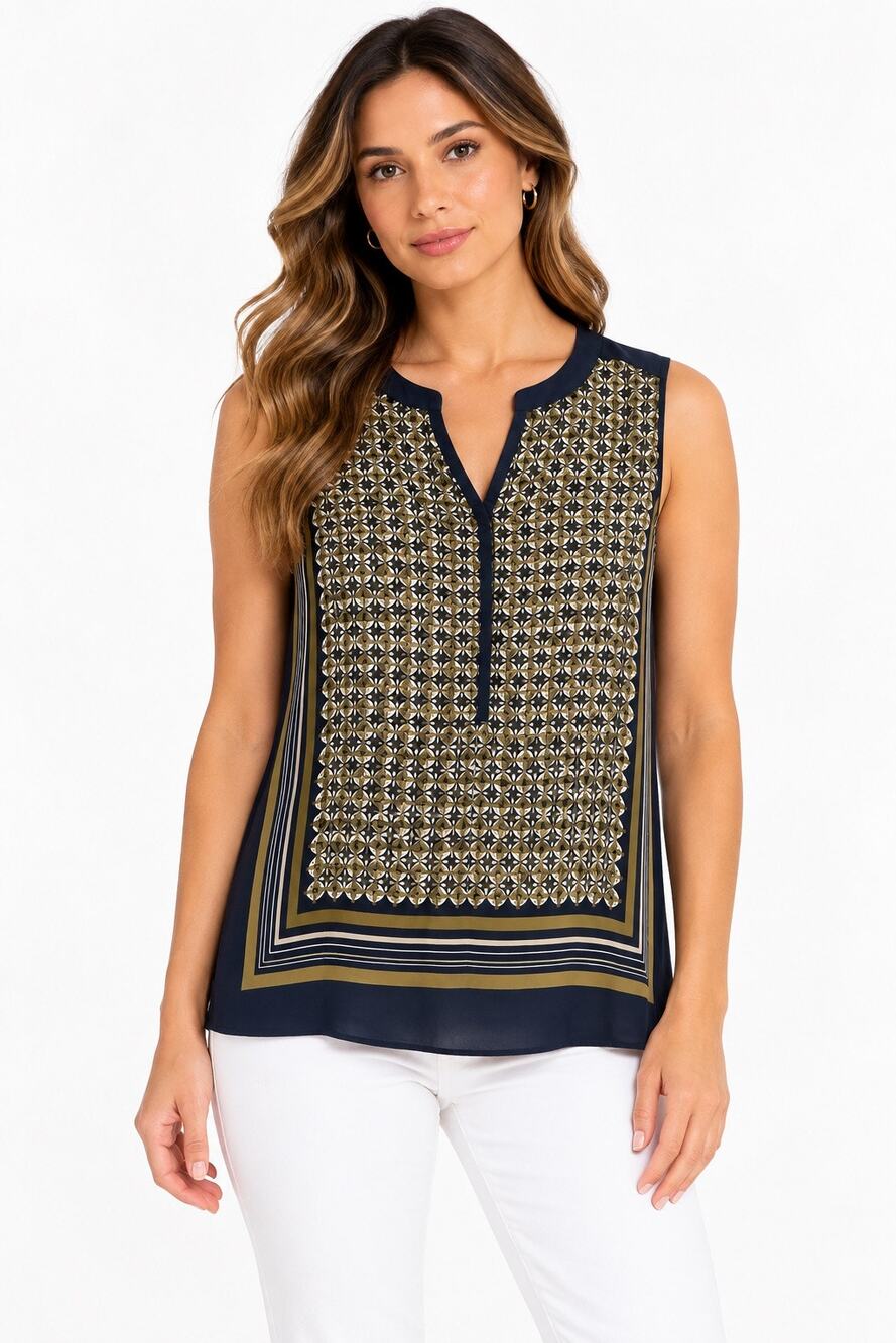 LOFT Sleeveless Geometric Print Navy Split Neck Top Medium